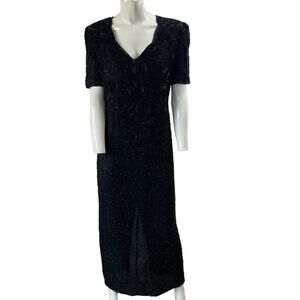 VINTAGE 80s Dress Womens PM Petite Medium Black Beaded Maxi Silk Retro